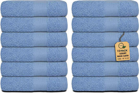 Premium Wash Cloths Pack of 12 (13" x 13") 100% Ring Spun Cotton | Luxury Washcloths | Ultra Soft Face Towels | Highly Absorbent Wash Cloths for face (Sky Blue)