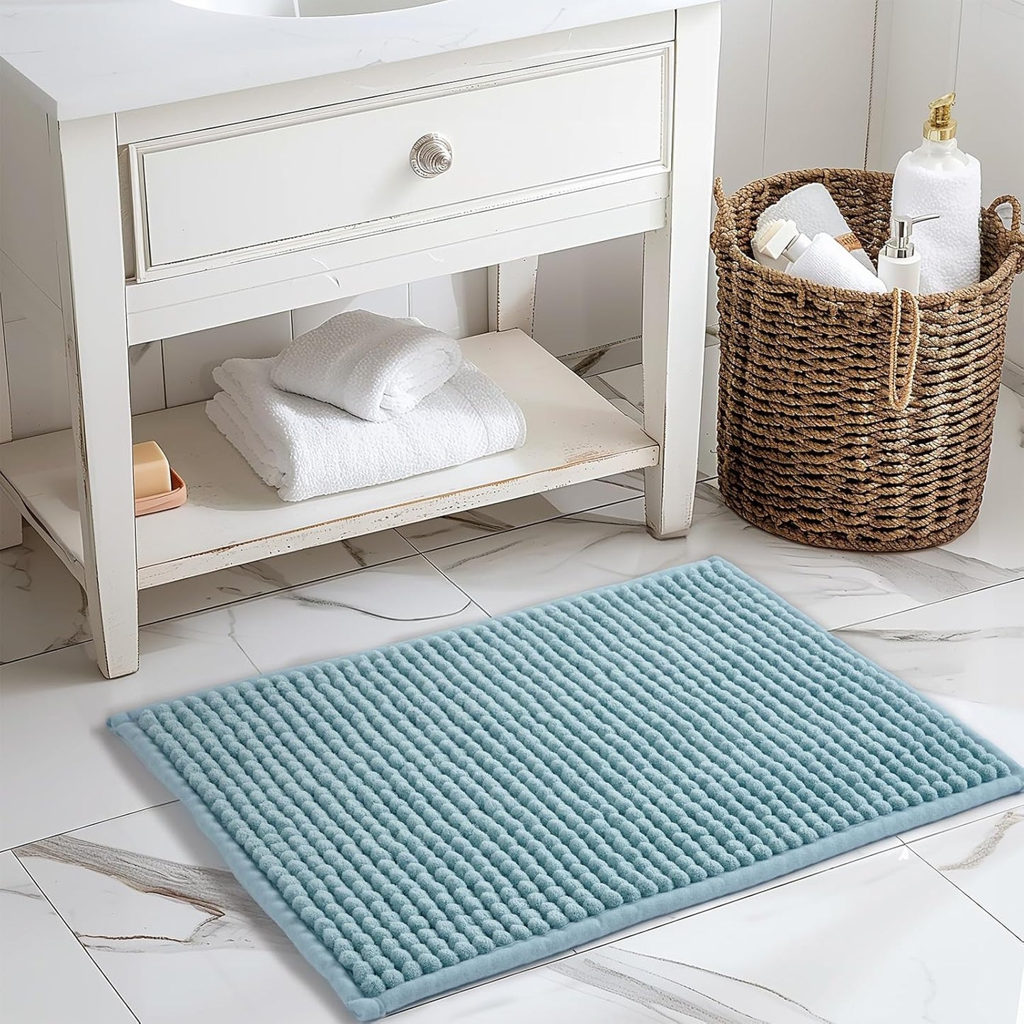 FRESHMINT Thick Chunky Chenille Bathroom Rugs 17"x24", Non Slip Bath Mat for Bathroom Floor, Small Soft Bathroom Decor Accessories, Cute Shower Mat Water Absorbent, Washable, Aqua Blue