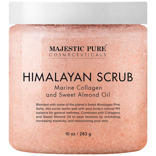 MAJESTIC PURE Himalayan Pink Salt Body Scrub with Collagen and Sweet Almond Oil | Exfoliating Scrub for Skin Care, Stretch Marks, Acne, Cellulite | 10 oz