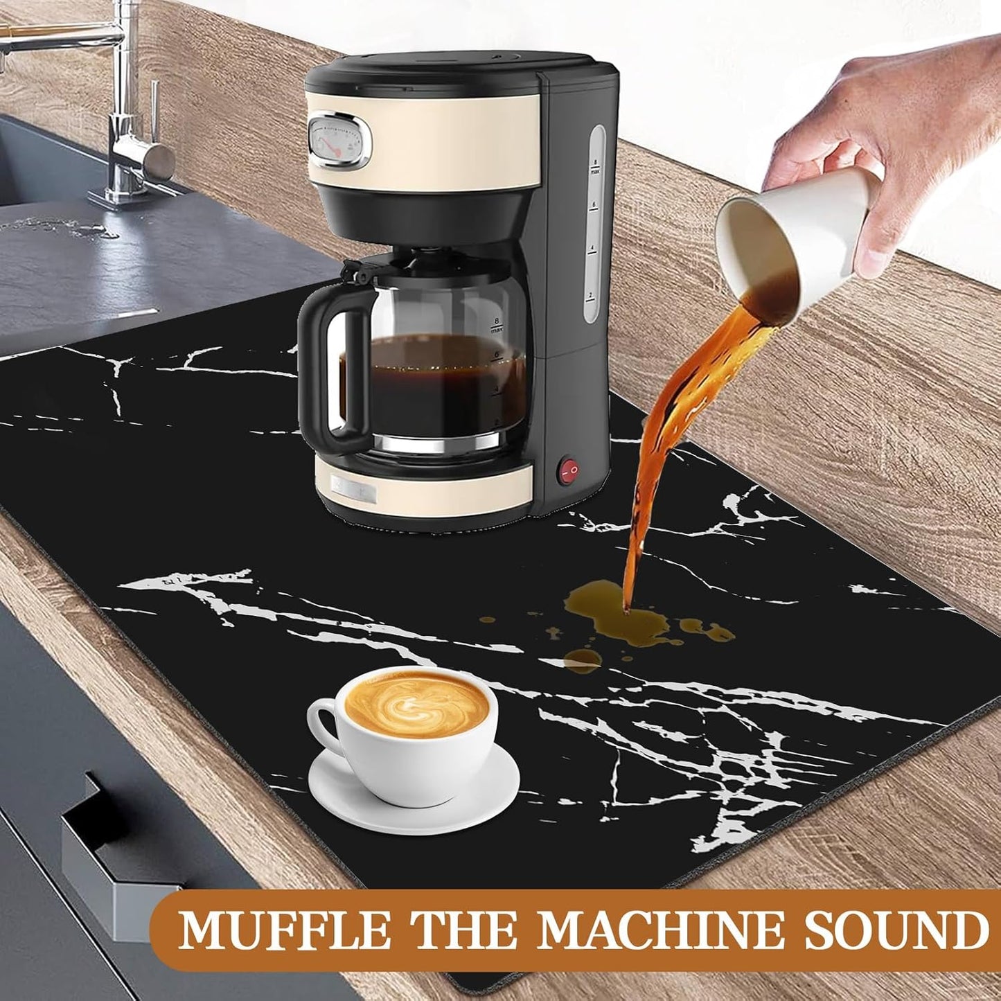 Dish Drying Mat for Kitchen Counter, 24"x16" Coffee Mat Bar Accessories, Hide Stain, Rubber Backed, Absorbent, Fit Under Coffee Maker, Espresso Machine, Pot, Dish Rack (Black)