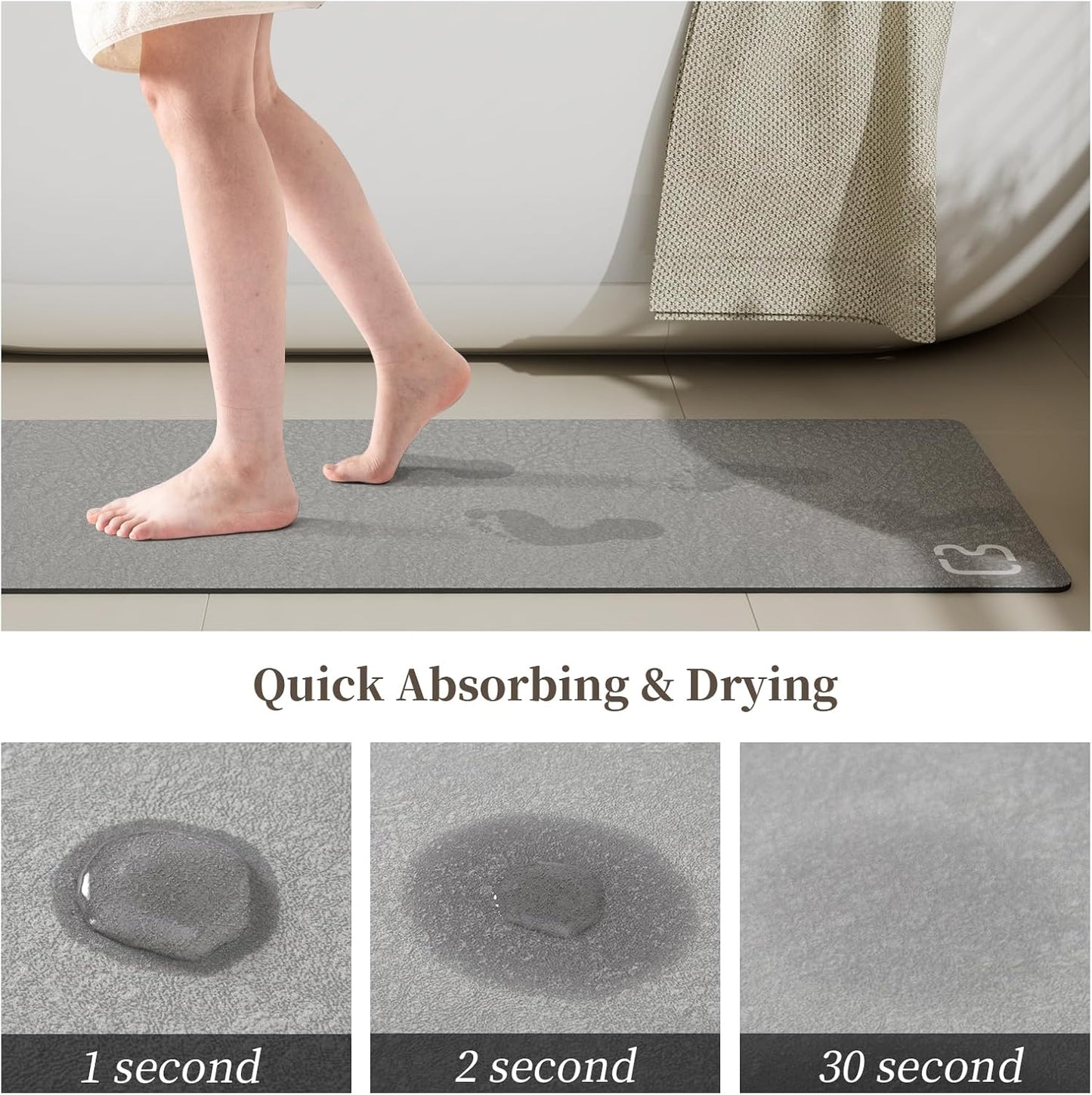 Diatomaceous Earth Bath Mat Rug Super Absorbent Diatomite Stone Bath Mat Non Slip Quick Dry Thin Bathroom Mat Fit Under Door, Floor Rugs in Front of Bathtub,Shower Room,Sink,17"x27.5", Grey