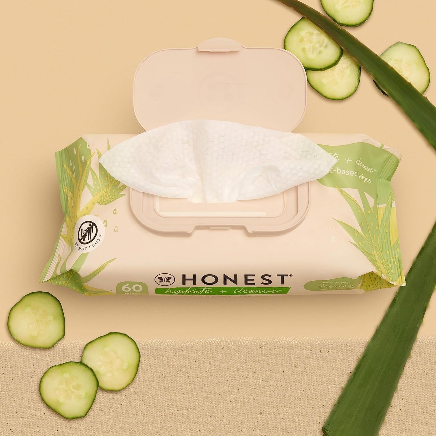The Honest Company Hydrate and Cleanse Naturally Scented Wipes Cleansing Multi-Tasking Wipes 99% Water Plant Based Hypoallergenic Aloe and Cucumber 60 Count