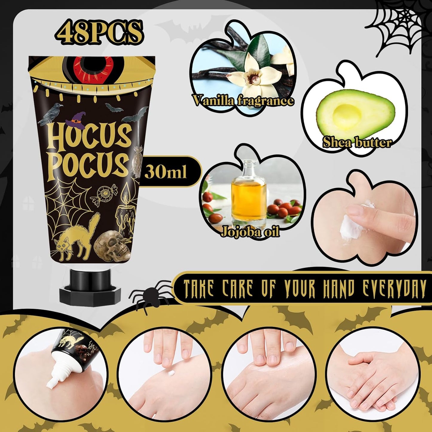 48 Sets Halloween Hand Cream Gifts Bulk Travel Lotion Size Halloween Party Gifts Favors Ghost Spiderweb Skull Hand Cream Birthday Christmas Party Supplies for Guest