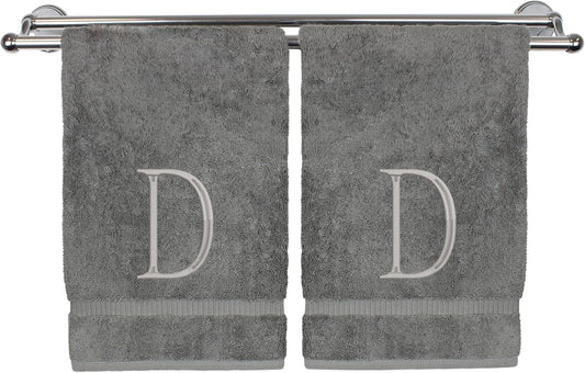 Monogrammed Hand Towel, Personalized Initial Gift, Extra Absorbent 100% Turkish Cotton - Soft Terry Finish - Set of 2 - Silver Block Initial D - Embroidered on Grey Towels
