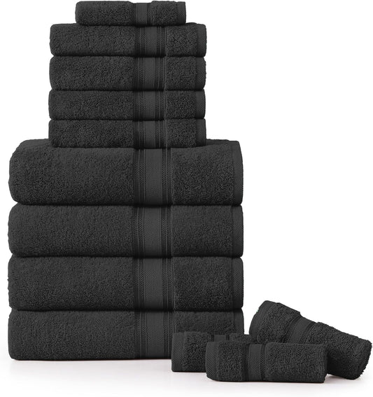 LANE LINEN Luxury Bath Towels Set - 12 Piece Set, 100% Cotton, Zero Twist, Quick Dry Shower Towel, Absorbent Towel, Super Soft, 4 Bath Towels, 4 Hand Towels, 4 Wash Cloths - Black