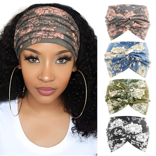 DRESHOW 4 Pack Turban Headbands for Women Wide Vintage Head Wraps Knotted Cute Hair Band Accessories