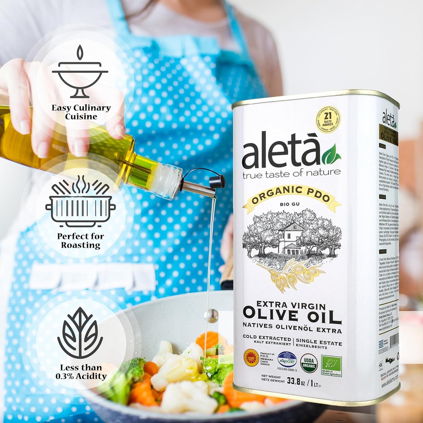 Aleta, Organic & PDO Extra Virgin Olive Oil, 2025 Gold Award, Certified Single Estate, Crete Greece, First-Cold Press, 1 Lt (33.8 oz.) Tin, Pack of 2