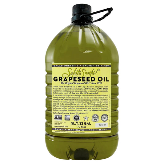 Grapeseed Oil – Cold Pressed & 100% grape oil | “Good Inside and Out” Beauty & Cooking Oil | High-Heat, Non-GMO, Kosher, Vegan | For Skincare, Hair, Massage, Soap & Gourmet Recipes | 5 Liter Jug