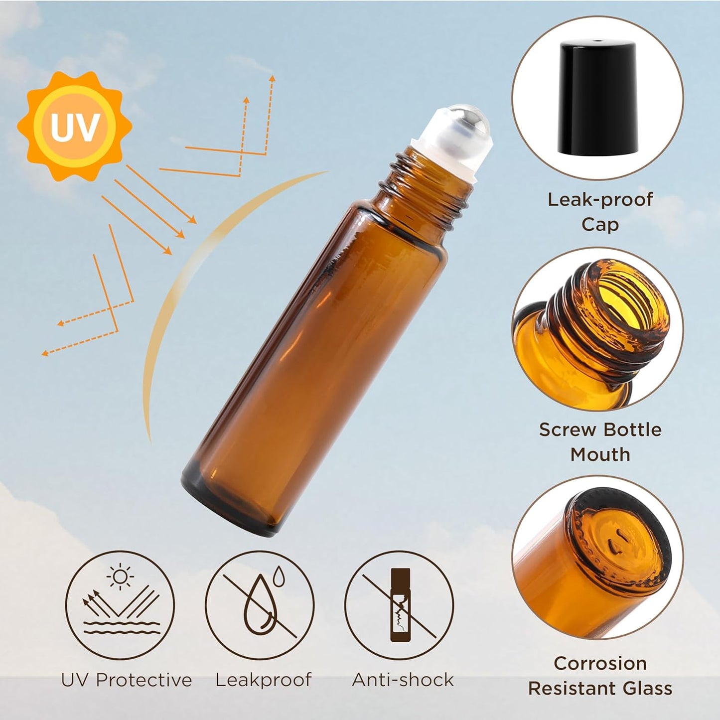 Essential Oil Roller Bottles, 10ml Thick Glass Perfume Roller Bottles with Funnel Opener and Dropper Colored Glass Empty Bottles with Stainless Steel Roller Balls (Brown - black cover, 12 Pack)