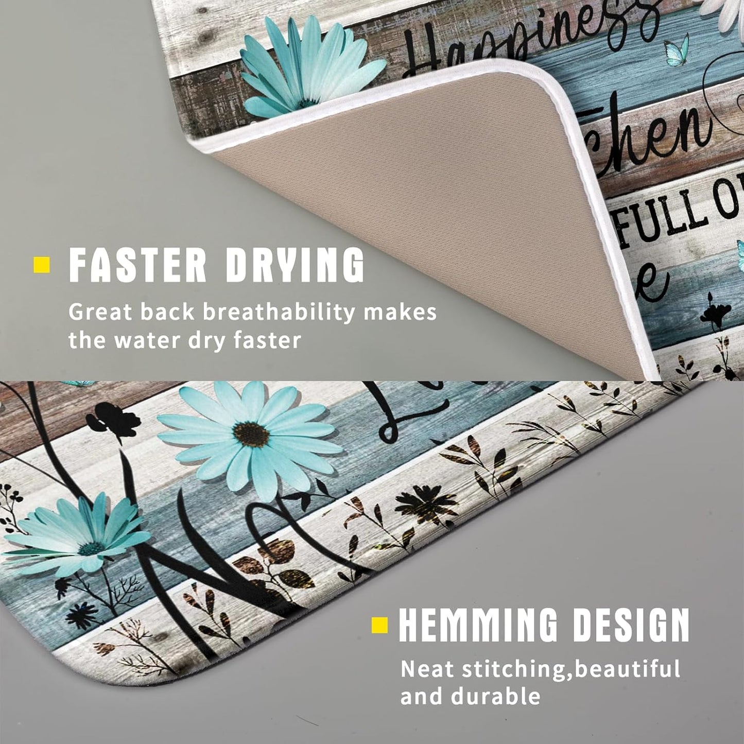 Daisy Floral Dish Drying Mat 16x18 Inches Rustic Wood Microfiber Absorbent Reversible Dish Draining Pad Fast Dry Kitchen Accessories