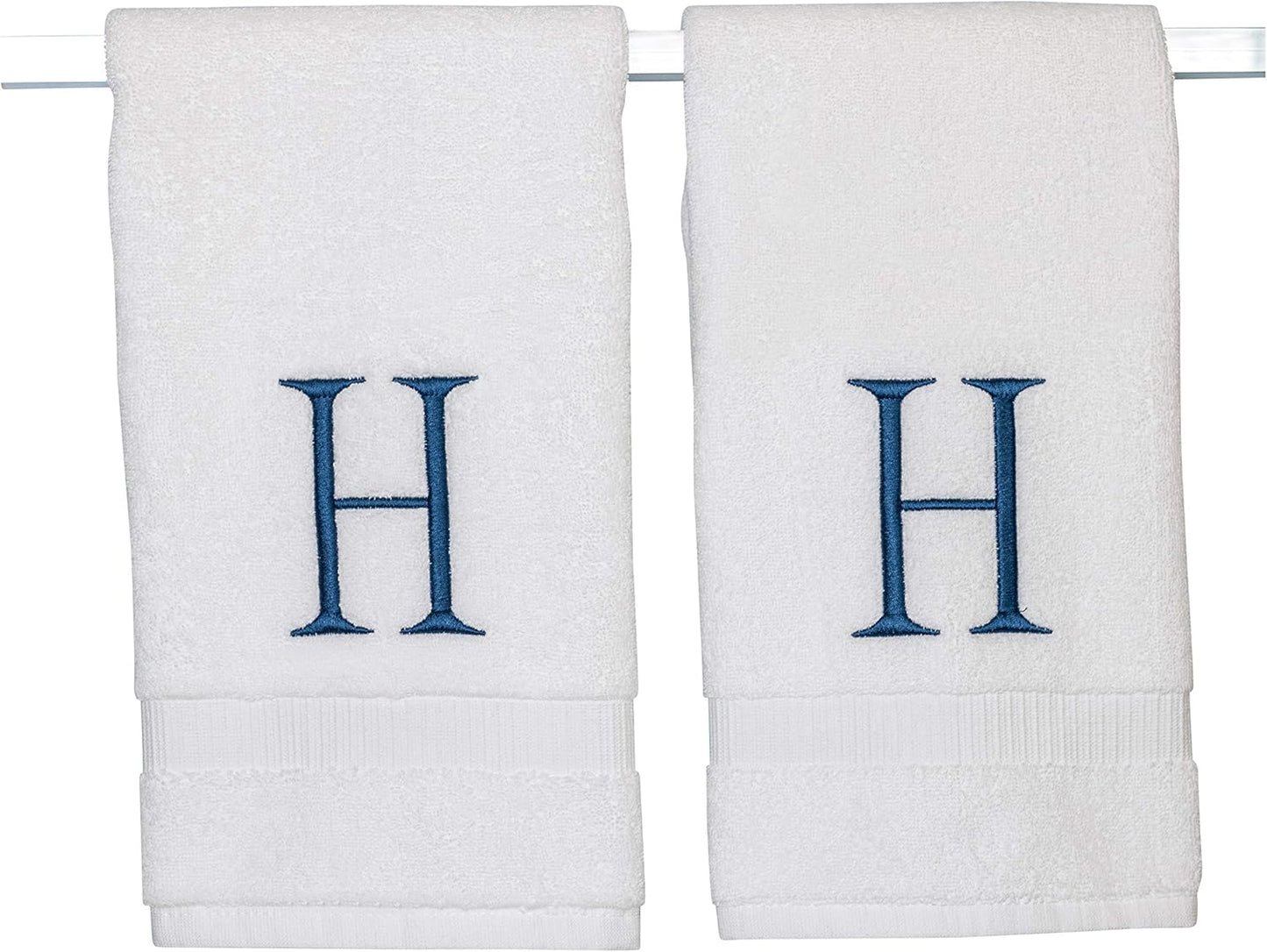 Monogrammed Hand Towels for Bathroom - Luxury Hotel Quality Personalized Initial Decorative Embroidered Bath Towel for Powder Room, Spa - GOTS Organic Certified - Set of 2 Navy Letter H