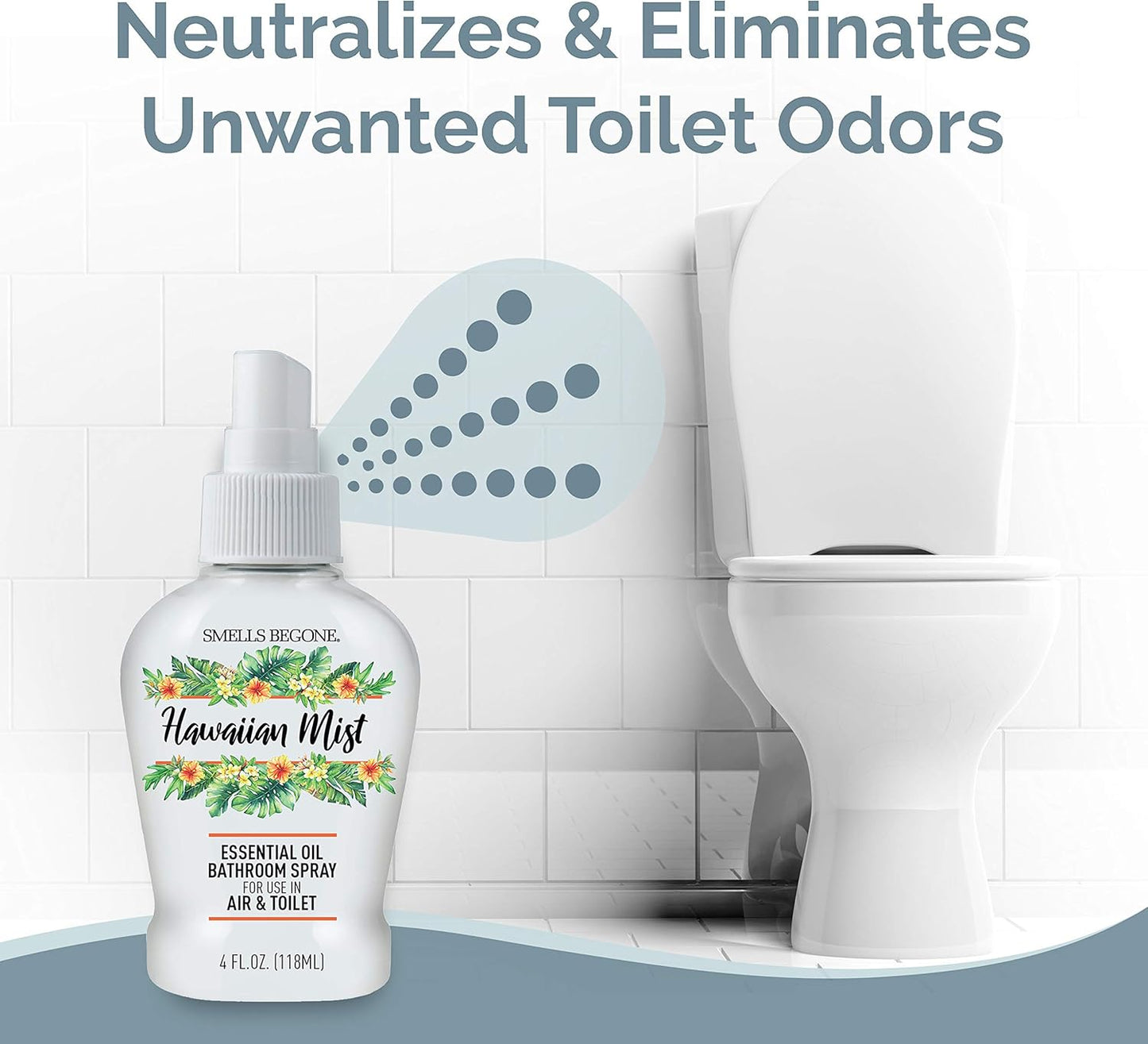 SMELLS BEGONE 4 oz Essential Oil Air Freshener Bathroom Spray - Eliminates Bathroom & Toilet Odors - Made with Essential Oils - Hawaiian Mist Scent