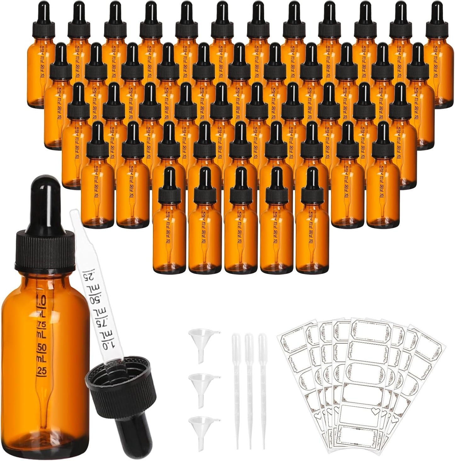 AuroTrends Amber Dropper Bottle 1 oz 48Pack, Glass Tincture Bottles with Dropper - Amber Glass Dropper Bottle 1 oz with Funnel/Stickers/Plastic Graduated Pipette (1fl.oz, Set of 48)