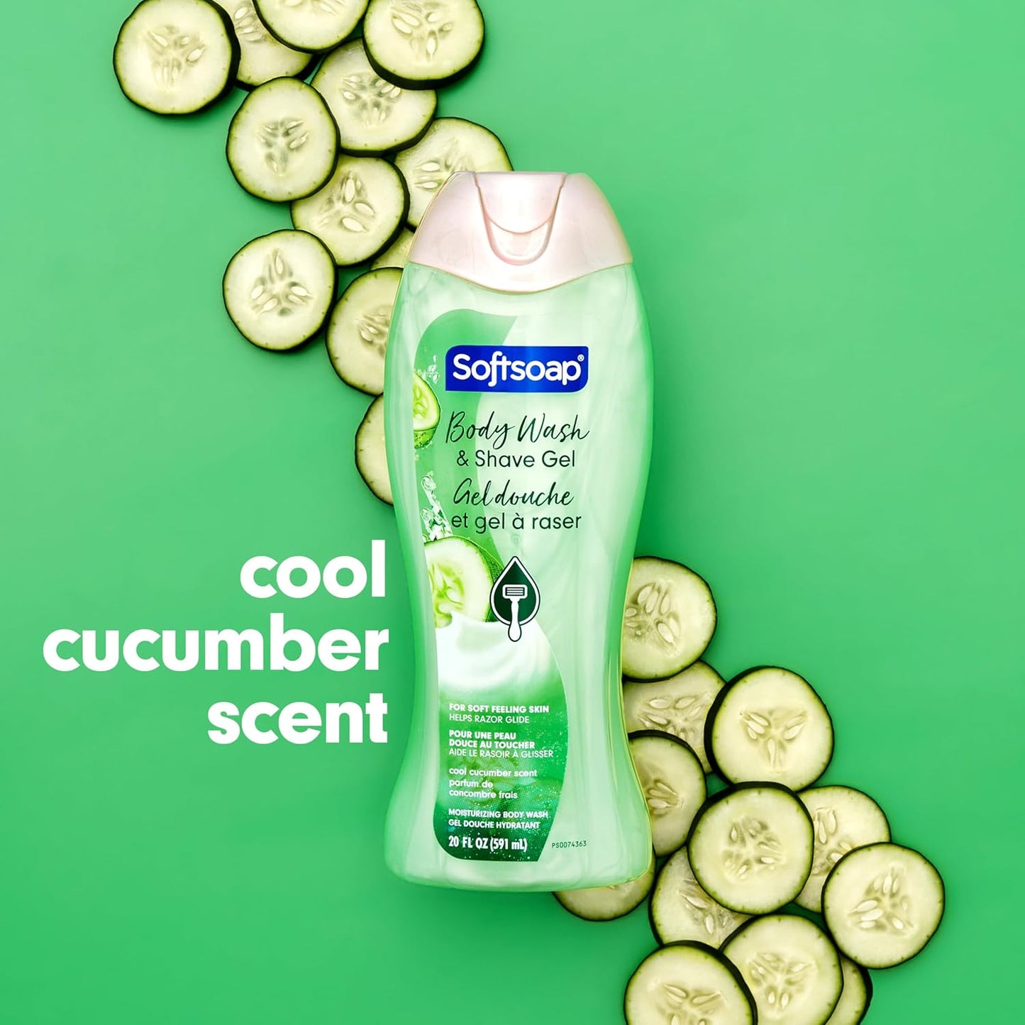 Softsoap Body Wash & Gel Cucumber, 20oz, pack of 1 + BIC Soleil Comfort 4-Blade Disposable Razors for Women Sensitive Skin Razor for a Smooth and Close Shave, 3 Piece Razor Set