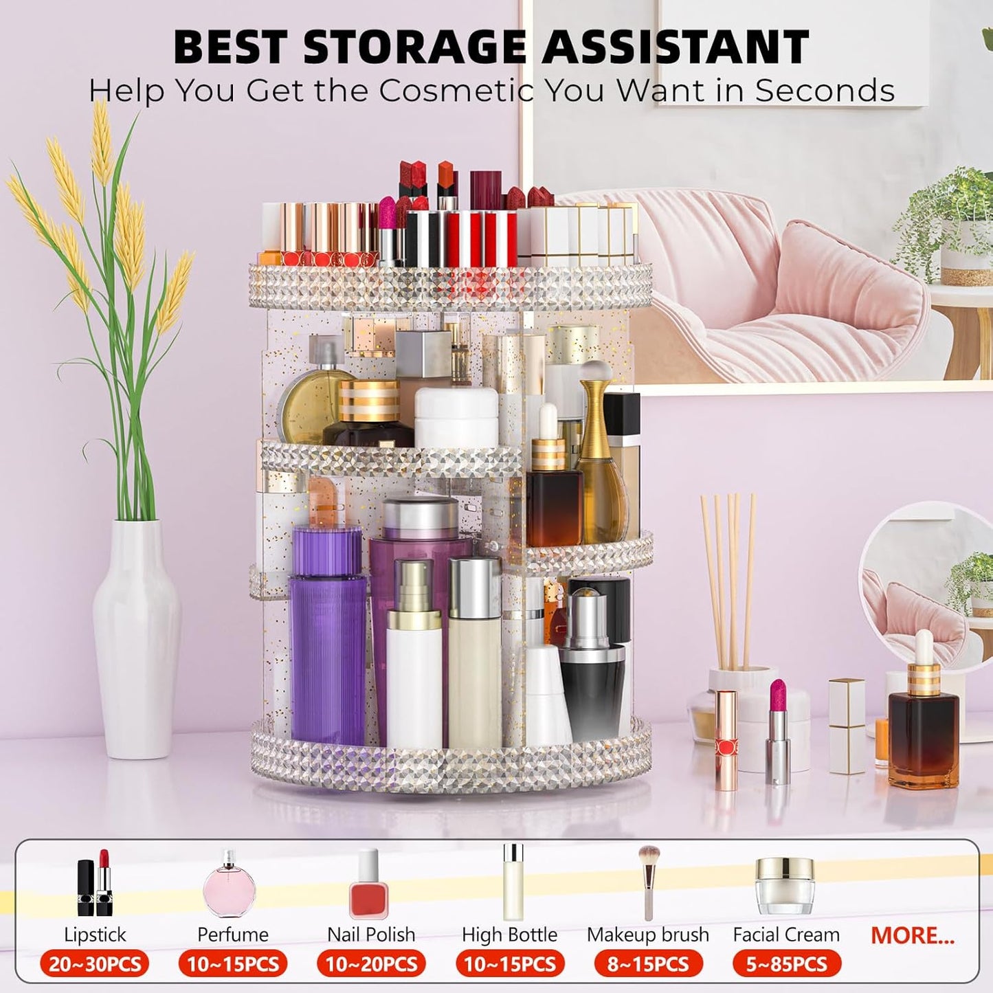 360 Degree Rotating Makeup Organizer, Extra Large Capacity Organizador De Maquillaje, Removable 7 Layers Lipstick Organizer Cosmetic Storage Cases Perfume Organizer for Vanity (Glitter)