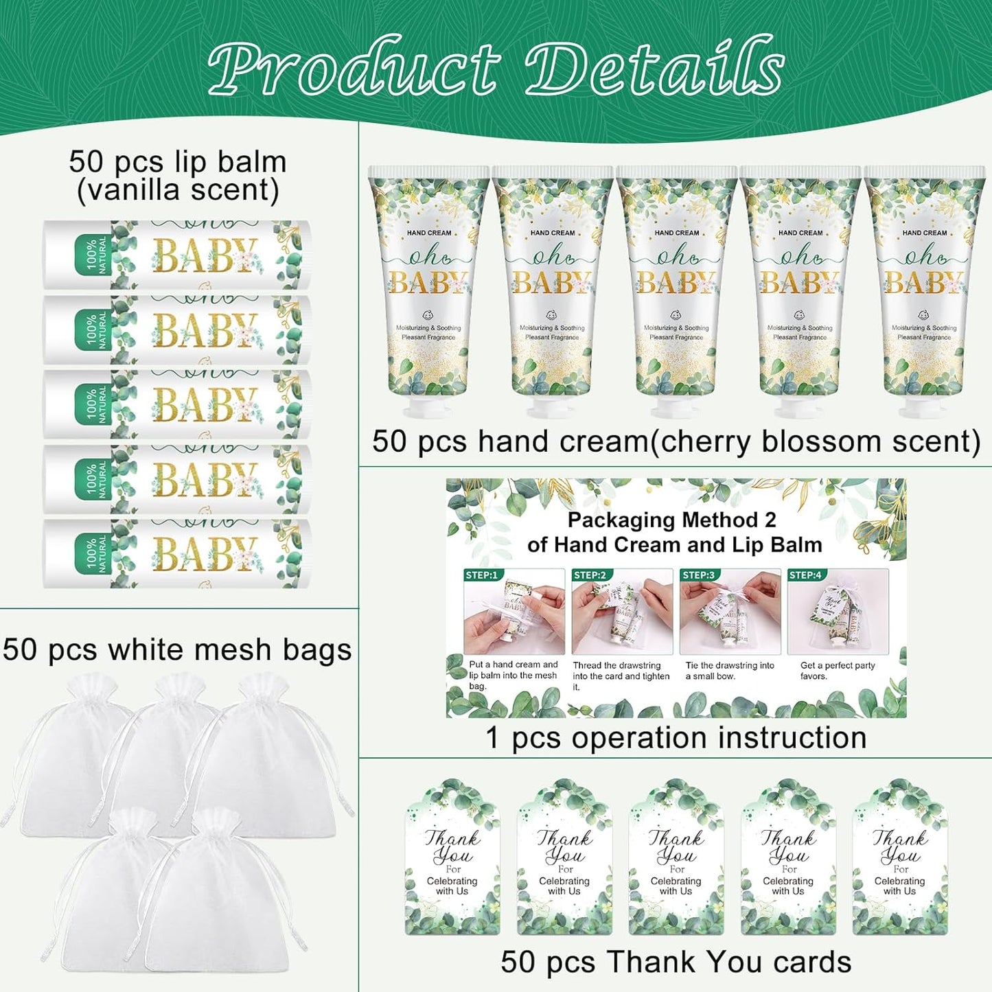 VESPRO 50 Pack Hand Cream Bulk and Lip Balm Bulk Gifts Sets, Baby Shower Favors and Bridal Shower Favors for Guests with Thank You Card and Organza Gift Bags, Thank You Gifts for Women (Oh Baby)