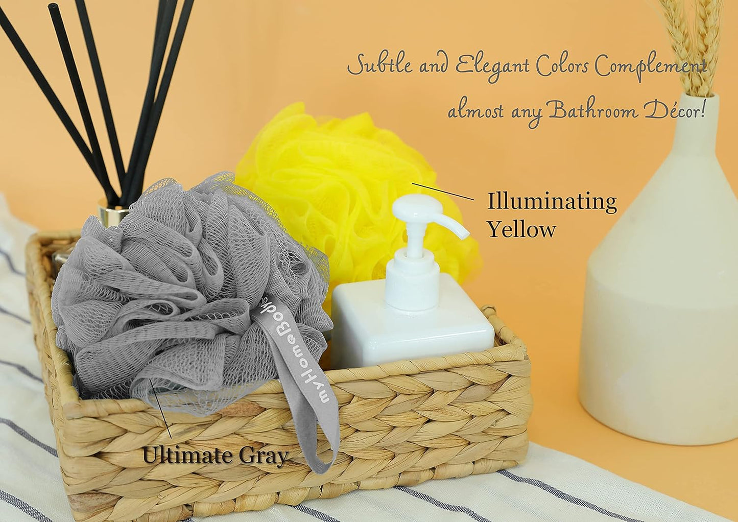 myHomeBody Large 70g Loofah Sponge, Body Scrubber, Bath Sponge, Loofah for Women, Men, Exfoliating Sponge Shower Pouf with Activated Charcoal - 2 Ultimate Gray + 1 Illuminating Yellow, 3 Pack