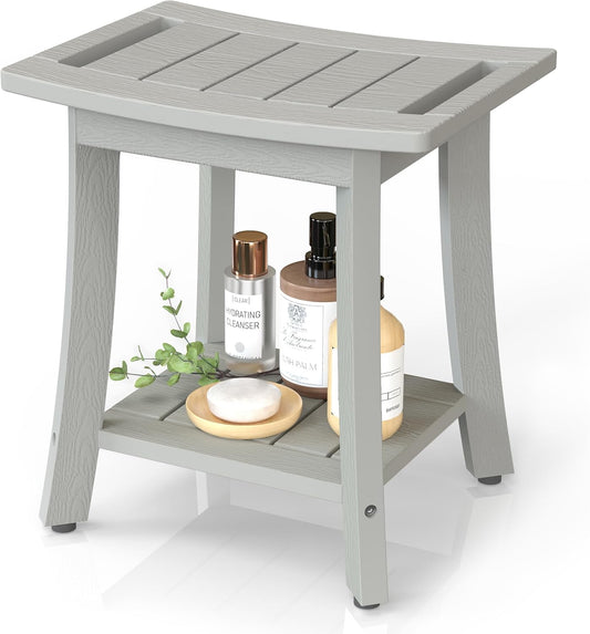 HIPS Shower Benches for Inside Shower, Waterproof Shower Stool with Storage Shelf & Adjustable Feet, SPA Bathroom Seat Chair for Shaving Legs, Indoor or Outdoor Use, Grey