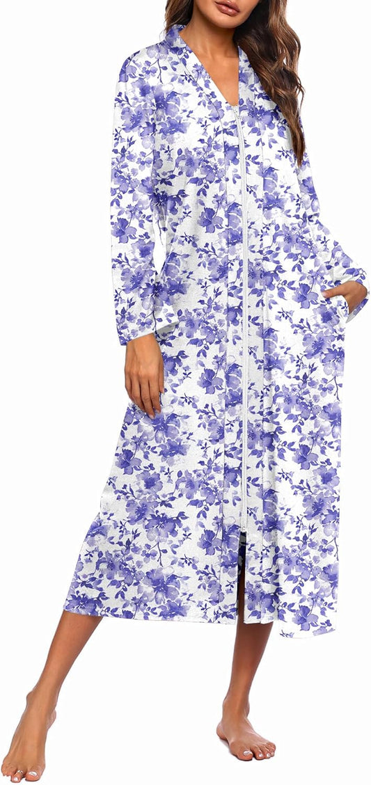 Ekouaer Women Zipper Robe Long Sleeve Loungewear Lightweight Housecoat Full Length Nightgown with Pockets