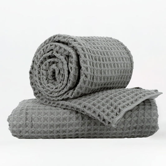 Luxury Japanese Cotton Waffle Bath Towel | Plush, Absorbent, and Quick Dry | Free Storage Bag Included (Smoke Grey, Bath Sheet (2 Pack))