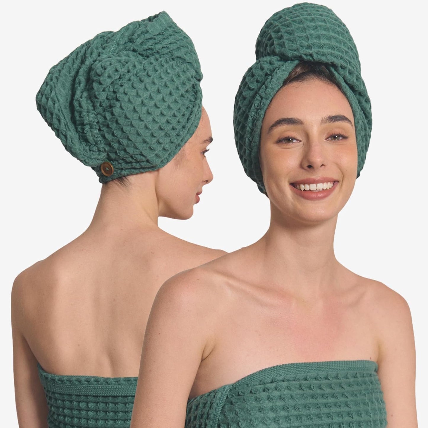 Hair Towel | 100% Cotton Silk Hair-Drying Waffle Wrap Turban for Women, Ultra-Absorbent, Anti Frizz, Hair Damage Protection for Straight and Curly Hair (Forest Green, 1 Pack)