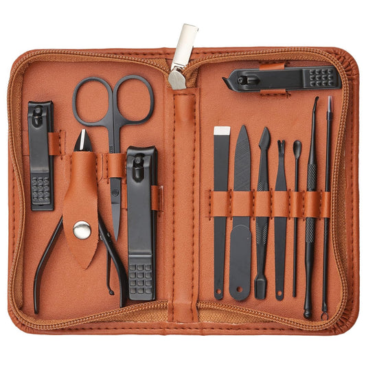 Nail Kit, Manicure Kit, Nail Care Kit for Men, Manicure Pedicure Set, Nail Clippers Toenail Clippers Kit, Professional Manicure Kit Pedicure Kit, Leather Color Travel Case, Set of 12.