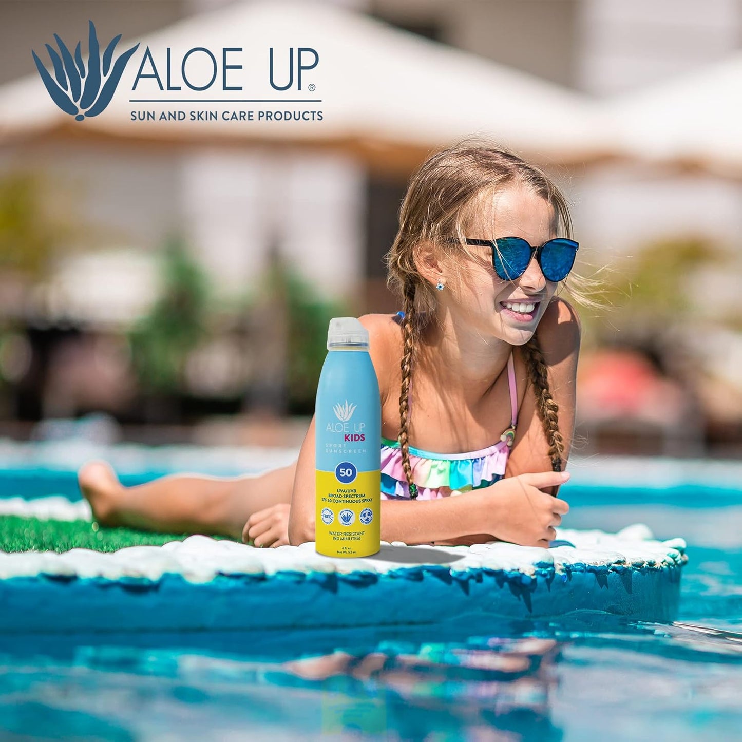 Aloe Up Kids Continuous Sport Sunscreen Spray SPF 50 - Broad Spectrum Sheer Face and Body Sunscreen Protector for Sensitive Skin - With Aloe Vera Gel - Dries Fast - Reef Safe - Fragrance-Free - 5.5 Oz