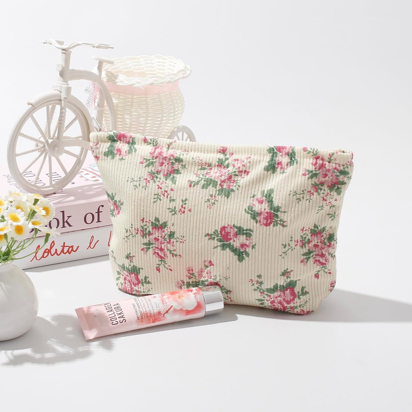 Cosmetic Bags for Women - Corduroy Cosmetic Bag Aesthetic Women Handbags Purses Smile Dots Makeup Organizer Storage Makeup Bag Girls Case Bags (Flowers-Pink)