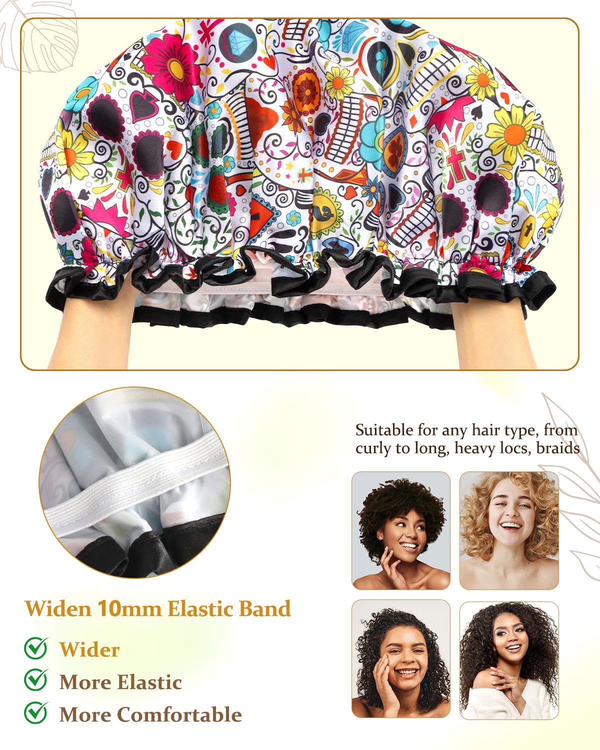 mikimini Shower Cap for Women Reusable Waterproof, Extra Large Hair Cap for Shower with Double Layers, Stylish Vibrant Designed Shower Bonnet for Long Thick Hair