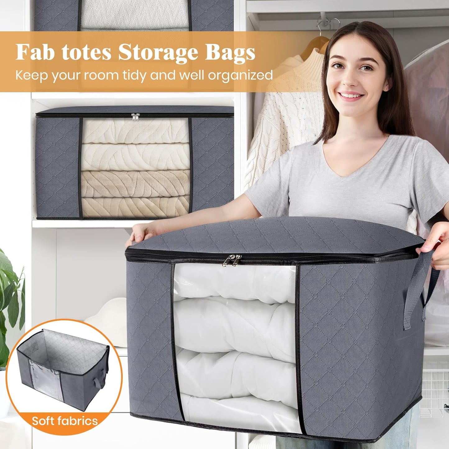 Fab totes 24 Gallons Clothes Storage, Foldable Thick Fabric Blanket Storage Bags, Containers for Organizing Bedroom, Closet, Clothing, Comforter, Organization with Handle (8 Pack,Grey)