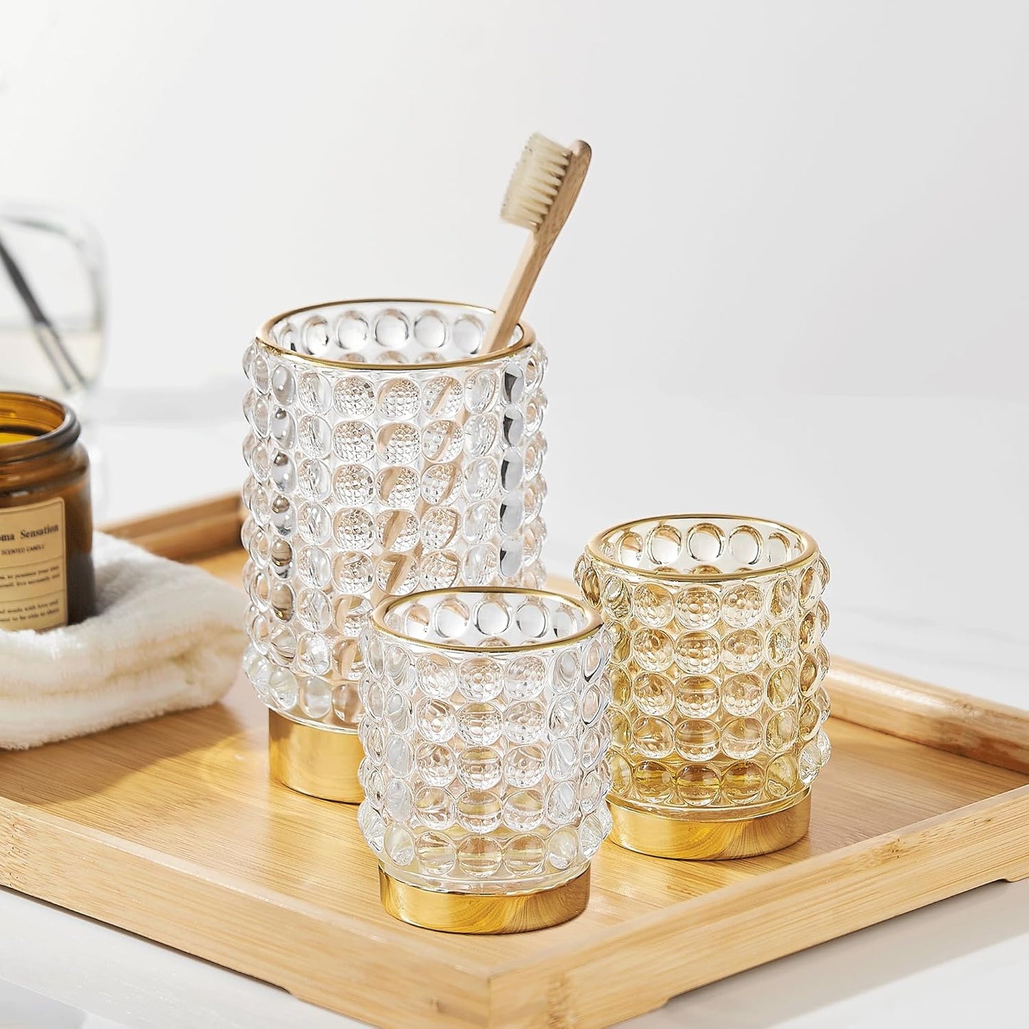 Makeup Brush Holder Organizer,Toothbrush Holders,Desk Pen Pencil Holder,Multifunctional Vintage Glass Brush Cup(A38-6-US/Gold/S)