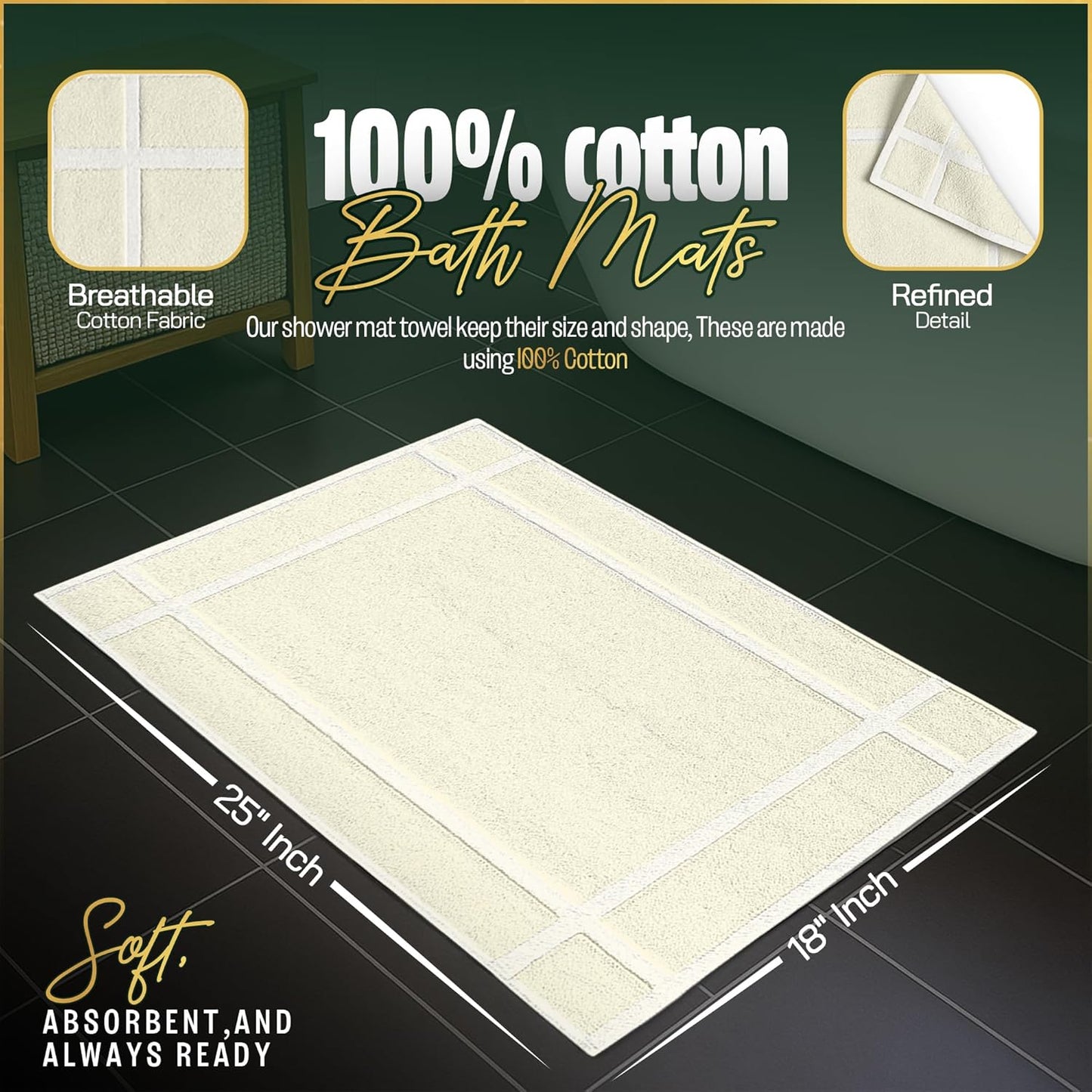 Pearl Linens Pack of 2 100% Cotton Bath Mat 18x25 inches, Soft & Absorbent Quick Dry Bathroom Mats Set, Not Bathroom Rugs, After Shower Mats, Bath Tub Mat, 687 GSM, Machine Washable, Ivory
