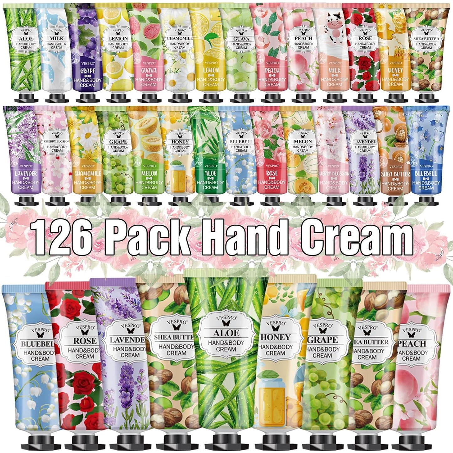VESPRO 126 Pack Hand Cream Set, Stocking Stuffers for Women, Bulk Hand Lotion Travel Size for Dry Cracked Hands, Mini Hand Lotion for Christmas Gifts, Bridesmaid Gifts, Employee Appreciation Gifts