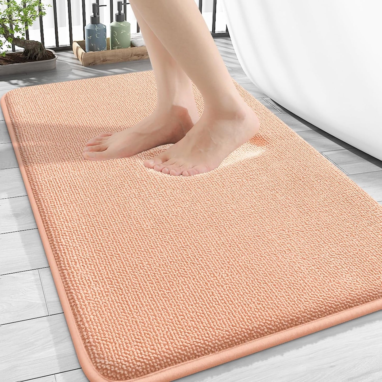 OLANLY Thick Memory Foam Bath Mat Rug 30x20, Extra Soft Absorbent Bathroom Rug, Quick Dry Bath Mats, Non-Slip, Machine Washable Carpet for Bathroom, Tub and Shower, Home Decor Accessories, Peach