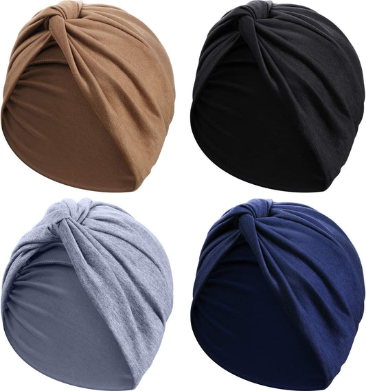 SATINIOR 4 Pieces Turbans for Women Soft Pre Tied Knot Fashion Pleated Cancer Turban Cap Chemo Headwrap Sleep Hat, 4 Colors