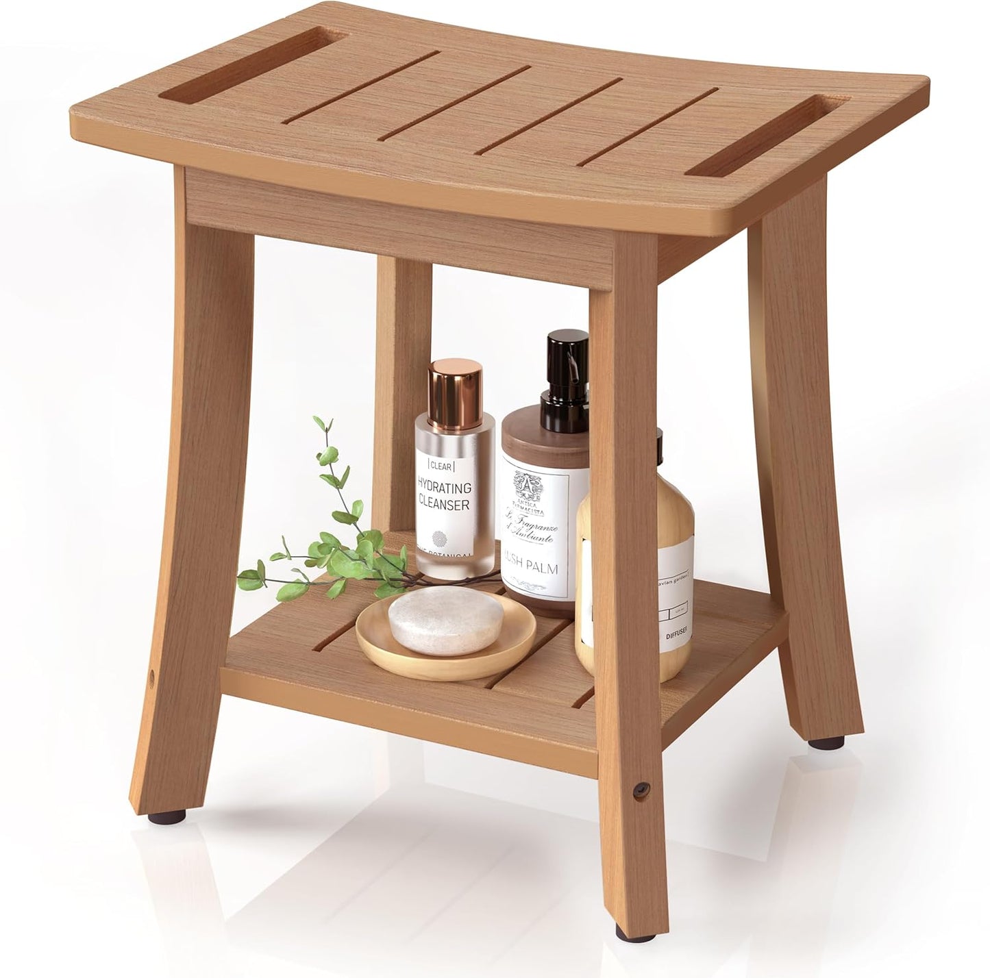 HIPS Shower Benches for Inside Shower, Waterproof Shower Stool with Storage Shelf & Adjustable Feet, SPA Bathroom Seat Chair for Shaving Legs, Indoor or Outdoor Use, Teak Brown