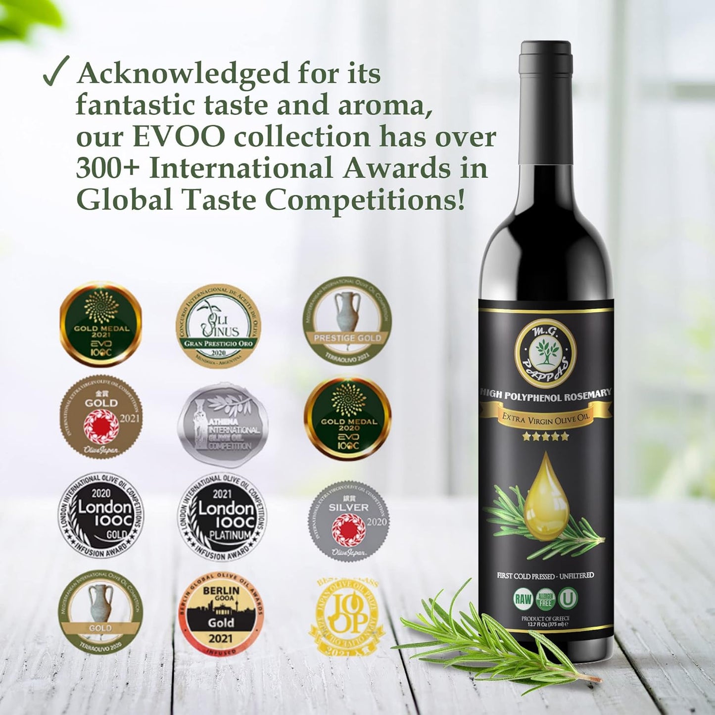 M.G. PAPPAS Rosemary Infused Olive Oil - High Polyphenol Rich Extra Virgin Olive Oil Unfiltered - Polyphenol Lab Report 650mg/kg - Cold Pressed Greek EVOO Award Winning - Rosemary Oil Cooking 12.7 Oz