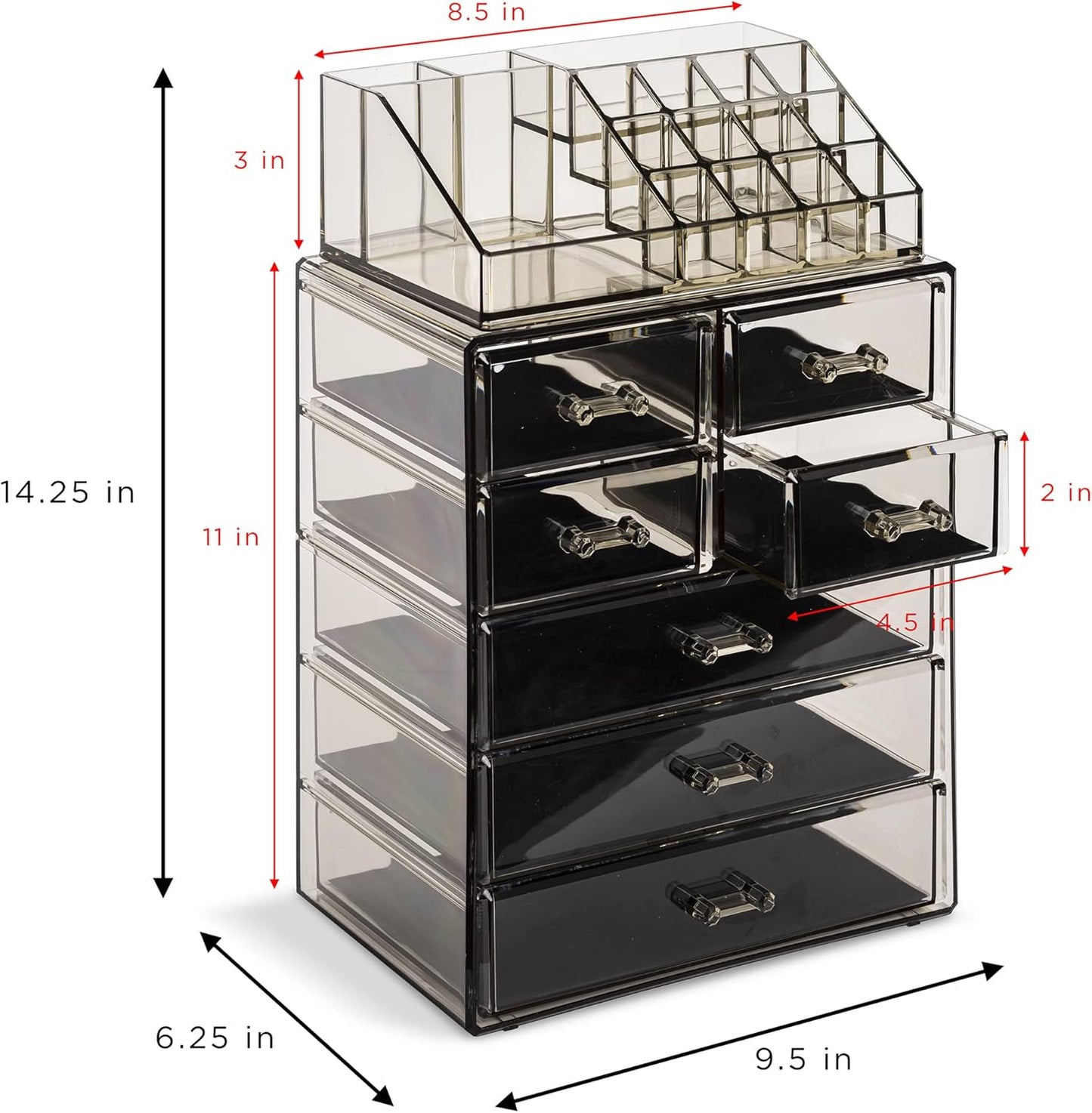 Sorbus Acrylic Makeup Organizer Set, 7-Drawer Vanity & Countertop Cosmetic Storage with Small & Wide Compartments, Black-Tint Makeup Storage for Brushes, Jewelry – Holiday Gift for Women & Teens