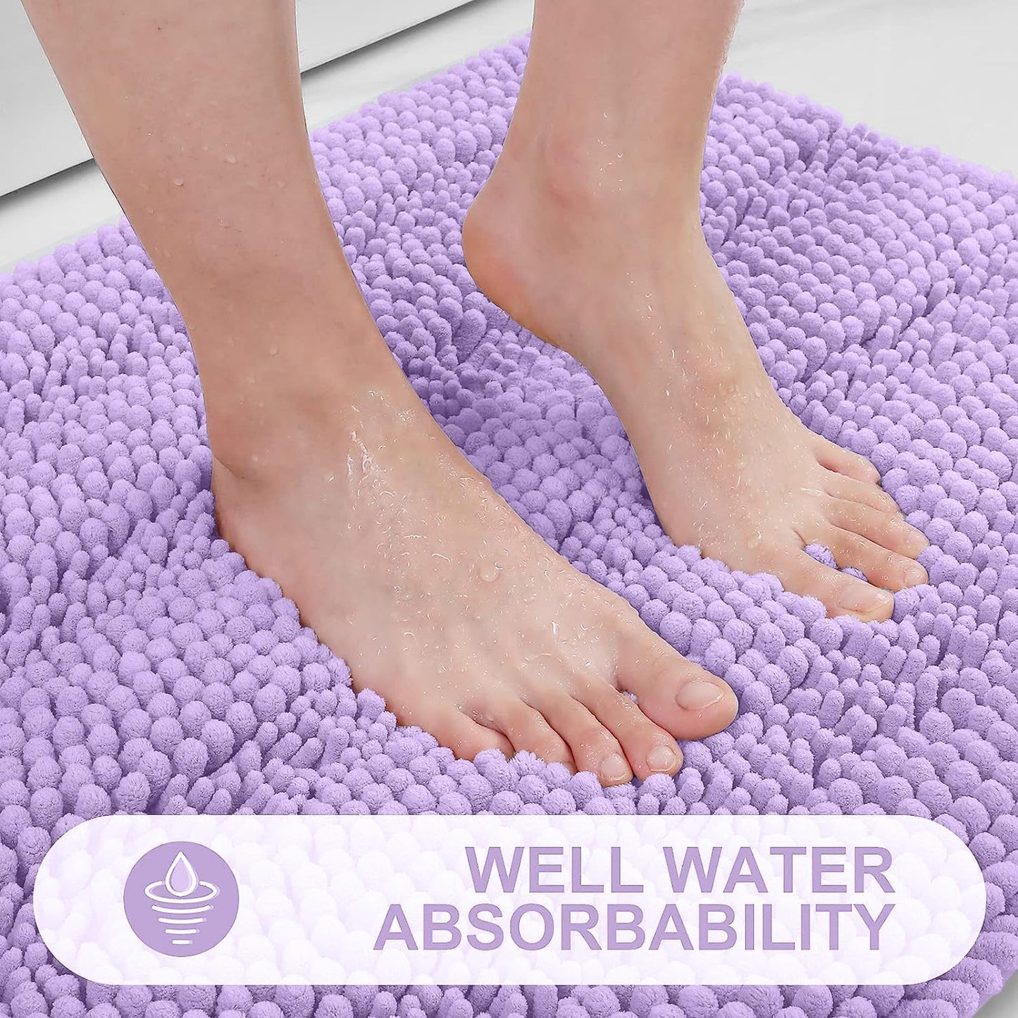 Grandaily Chenille Striped Bathroom Rugs 47x24, Extra Thick and Absorbent Bath Mats, Non-Slip Soft Plush Shaggy Shower Carpet, Machine Wash Dry, Bath Rug for Bathroom, Purple