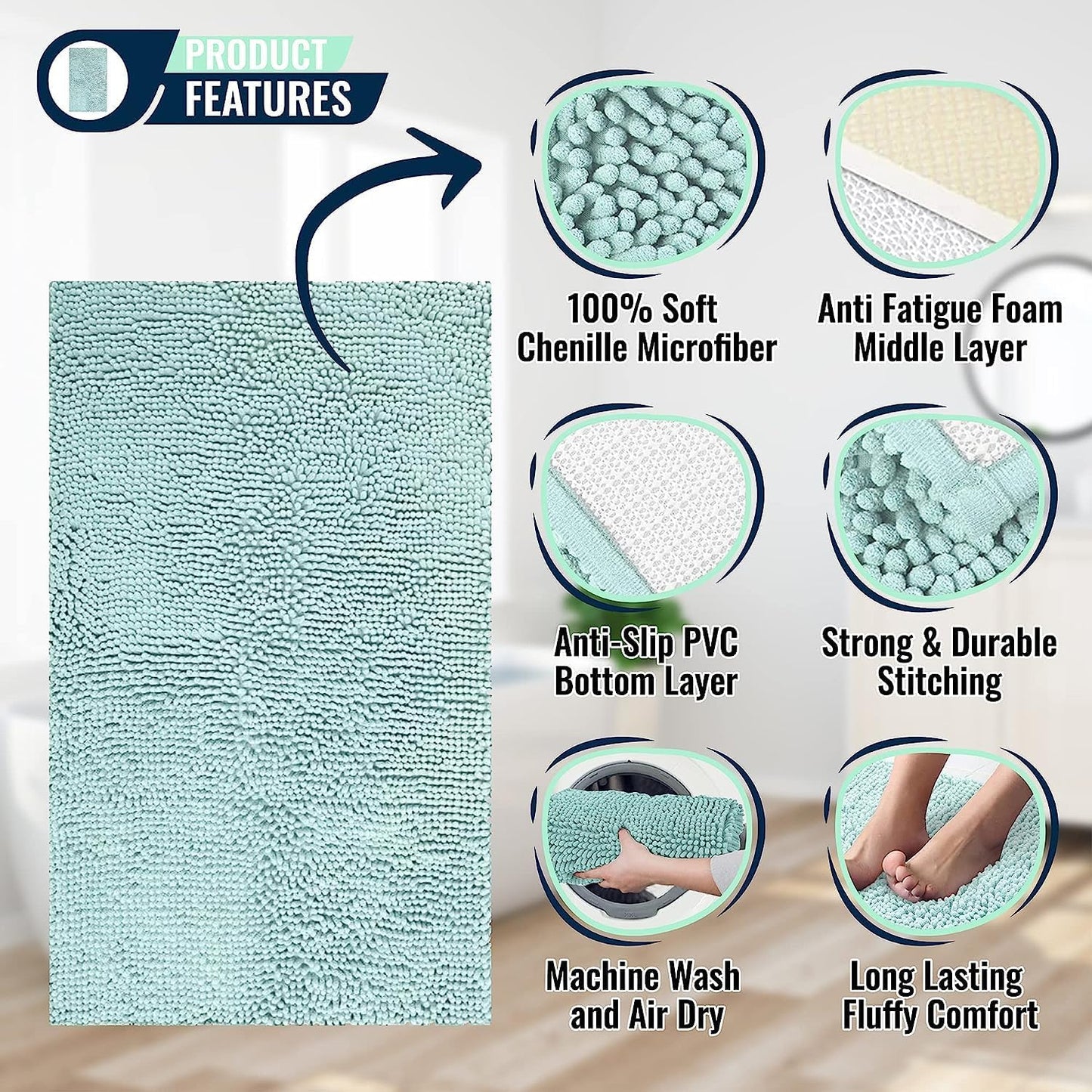 Chenille Bath Mats, Plush Absorbent Bath Mats Quick Dry, Soft & Machine Washable, Non Slip Carpet For Bathroom, Thick Bathroom Rugs, Shower Restroom Rug Mat, Alfombras De Baño, Bathrugs Matts, 59"x21"