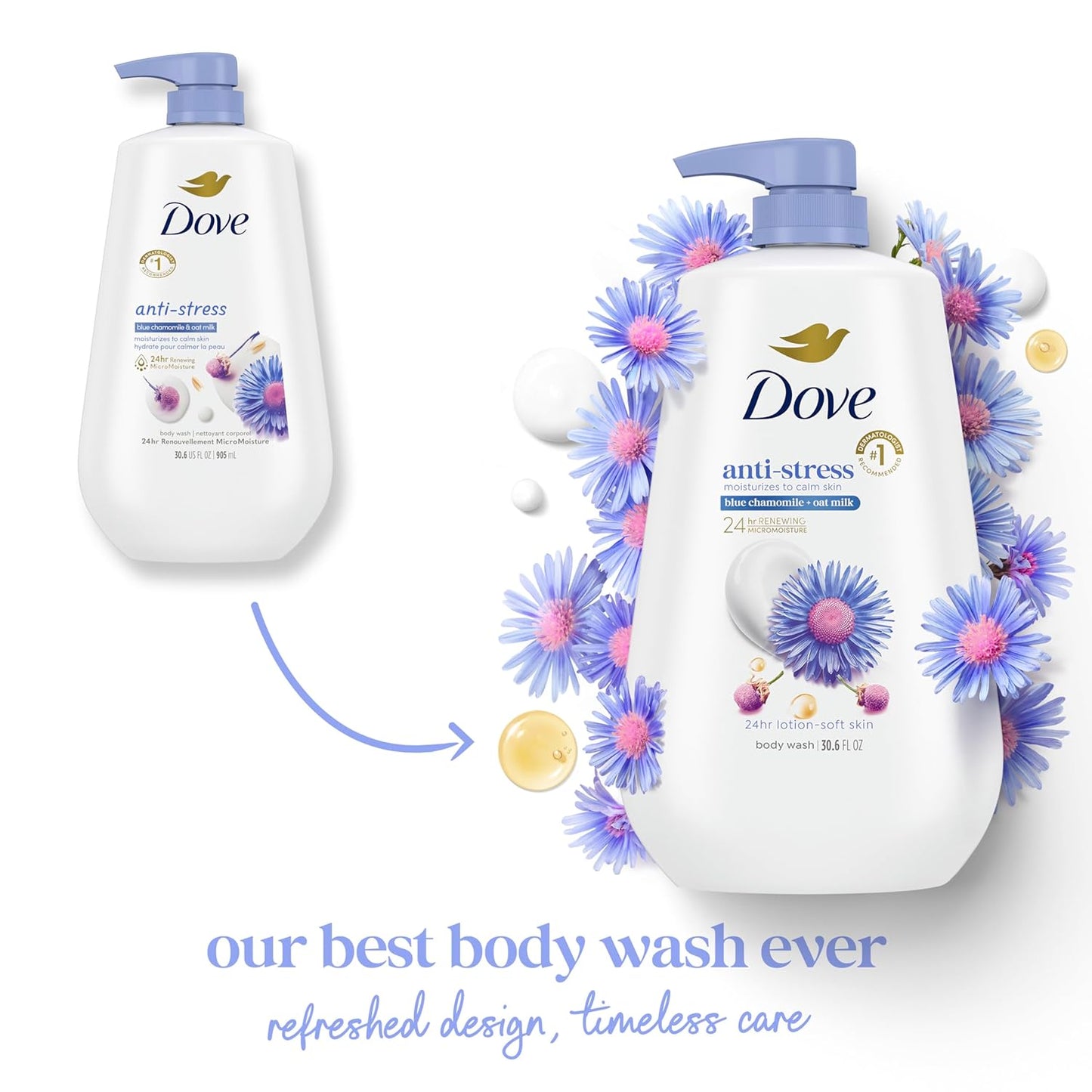 Dove Body Wash with Pump Anti-Stress Blue Chamomile & Oat Milk, for 24hr Lotion-Soft Skin Moisturizing Skin Cleanser with No Sulfates No Parabens 30.6 oz