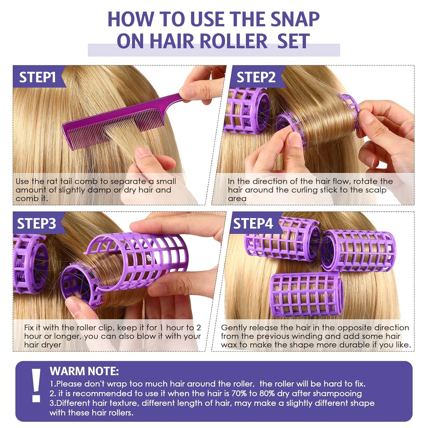 Syhood 12 Pcs Plastic Hair Rollers for Women Large Size Curlers Set Snap Roller Clips with Rat Tail Comb for Long Medium Short Hair Bangs, Salon Hairdressing Styling Tool(2.6 x 1.4 Inch,Purple)
