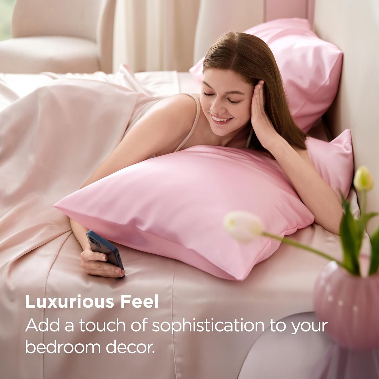 Bedsure King Size Satin Pillowcase Set of 2 - Pink Silky Pillow Cases for Hair and Skin with Envelope Closure, Similar to Silk Pillow Cases, Christmas for Women, 20x36 Inches, 2pcs