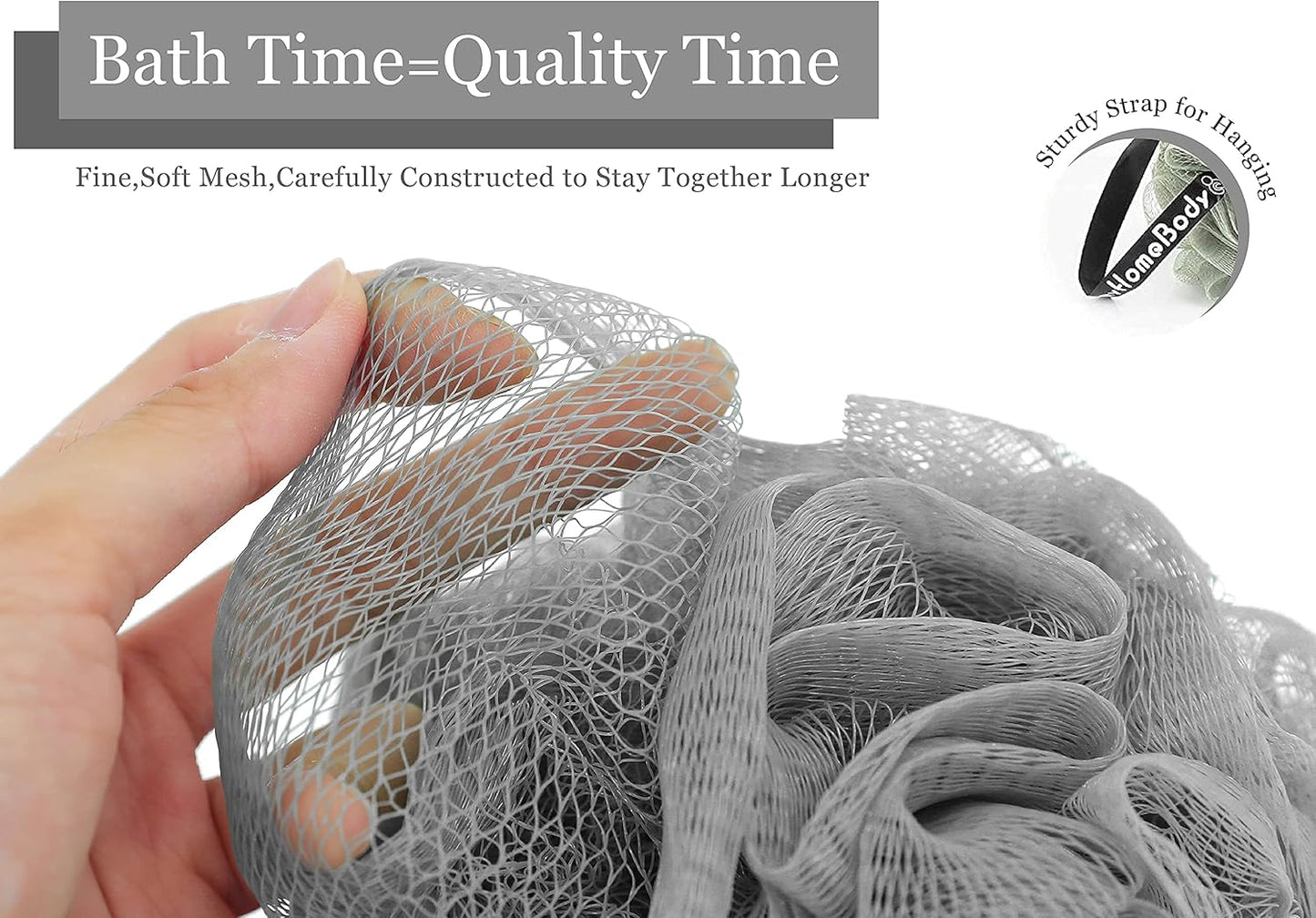 myHomeBody Large 70g Loofah Sponge, Body Scrubber, Bath Sponge, Loofah for Women, Men, Exfoliating Sponge Shower Pouf with Activated Charcoal - 2 Ultimate Gray + 1 Illuminating Yellow, 3 Pack