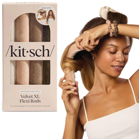 Kitsch XL Flexi Rods for Heatless Curls Overnight - Soft Velvet Hair Rollers for Women - Hair Curlers to Sleep In - Eucalyptus, 4pcs