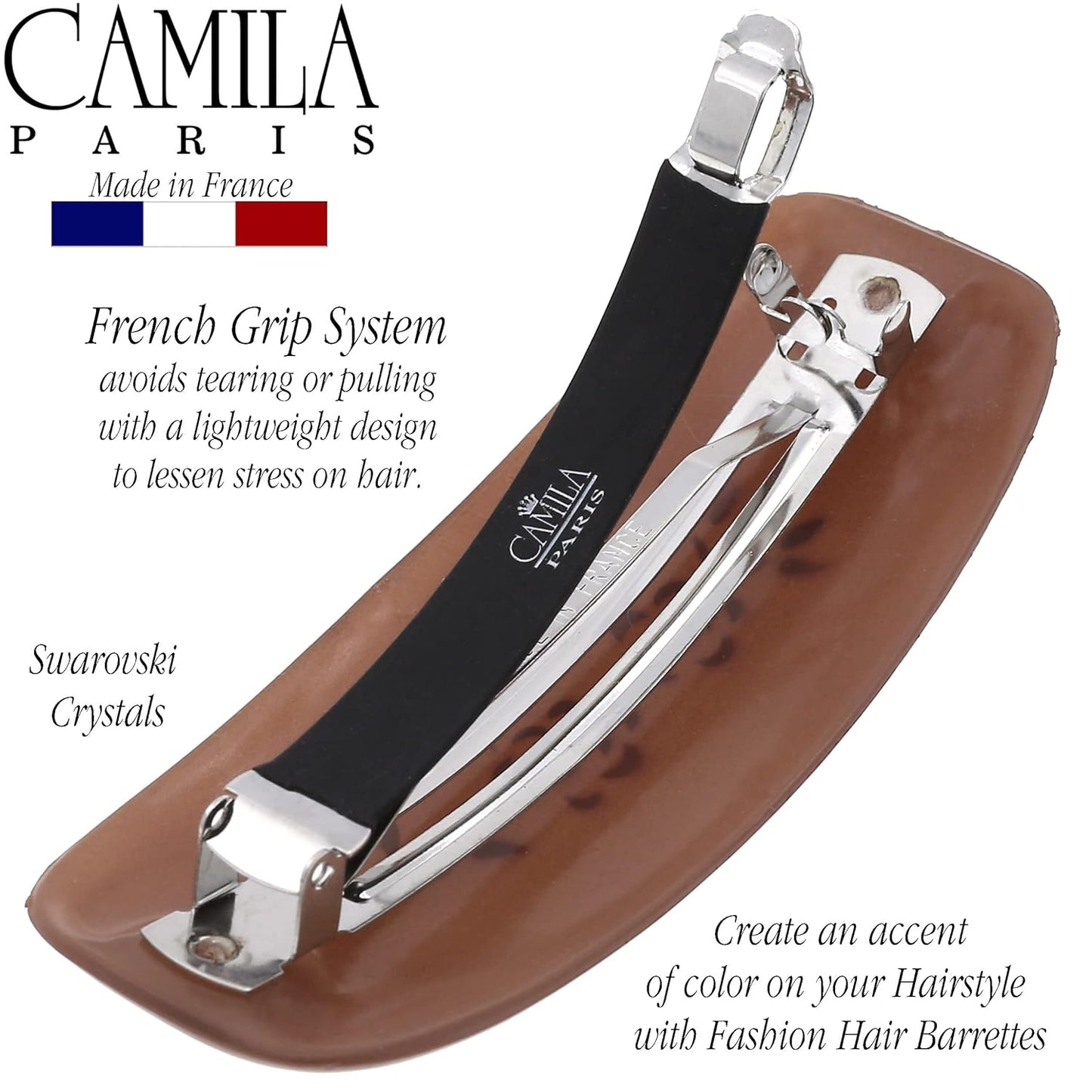 Camila Paris CP3440 French Hair Barrette Clip for Girls, Brown, Rubberized Automatic Clasp Strong Hold Grip Hair Clips for Women, No Slip and Durable Styling Girls Hair Accessories, Made in France