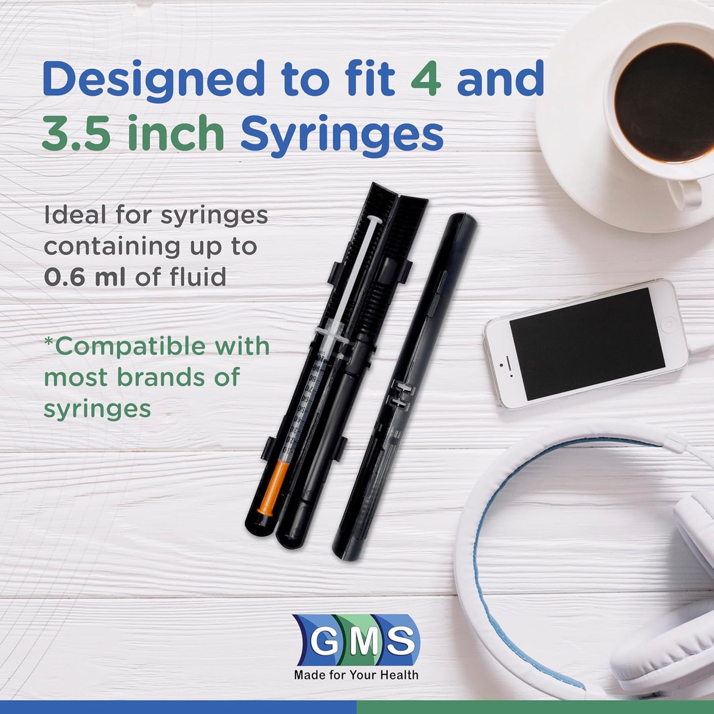 GMS 60 Unit Syringe Case - Holds New, Prefilled & Used Syringes with Needles - Small & Discreet - Ideal for Travel - Sharps Container - 2 Pack - Black and Clear