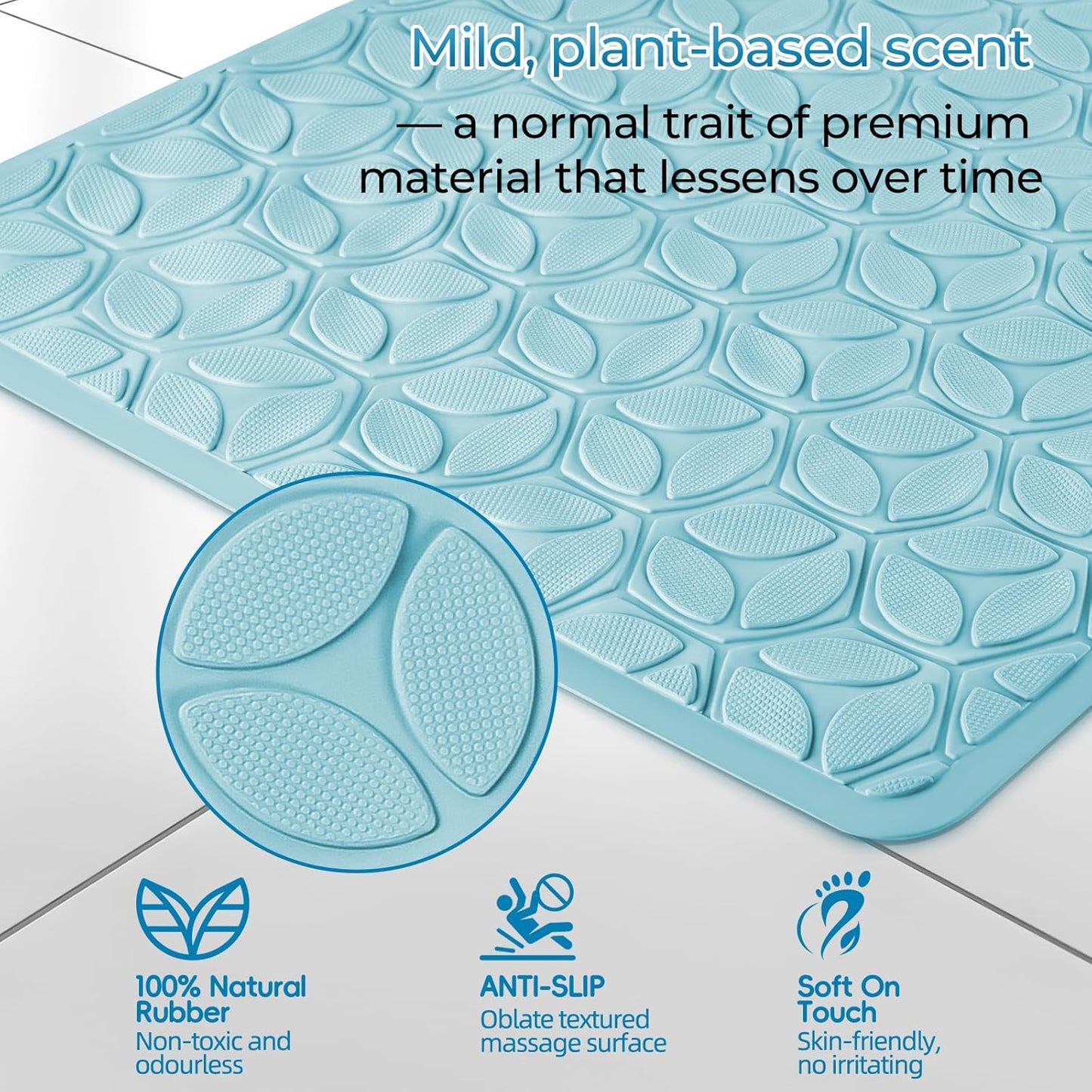 WRISIN Bathtub Mat Non Slip with Suction Cups - 100% Rubber Bathroom Mat Textured for Bath Tub Shower Safety - Soft on Touch - BPA/PVC Free - Pet Dog Bath Mat - Machine Washable - 17 × 35 Inch（Blue）