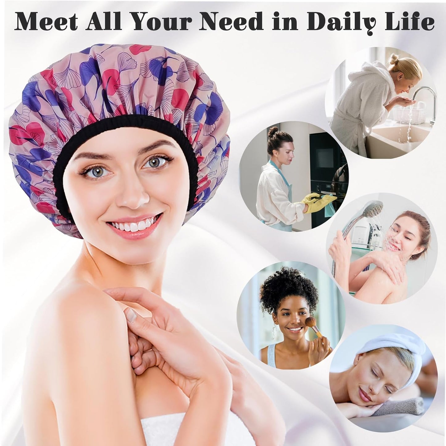 Shower Cap for Women, Shower Caps Reusable Waterproof, Large Plastic Satin Lined Shower Cap for Braids Long Hair