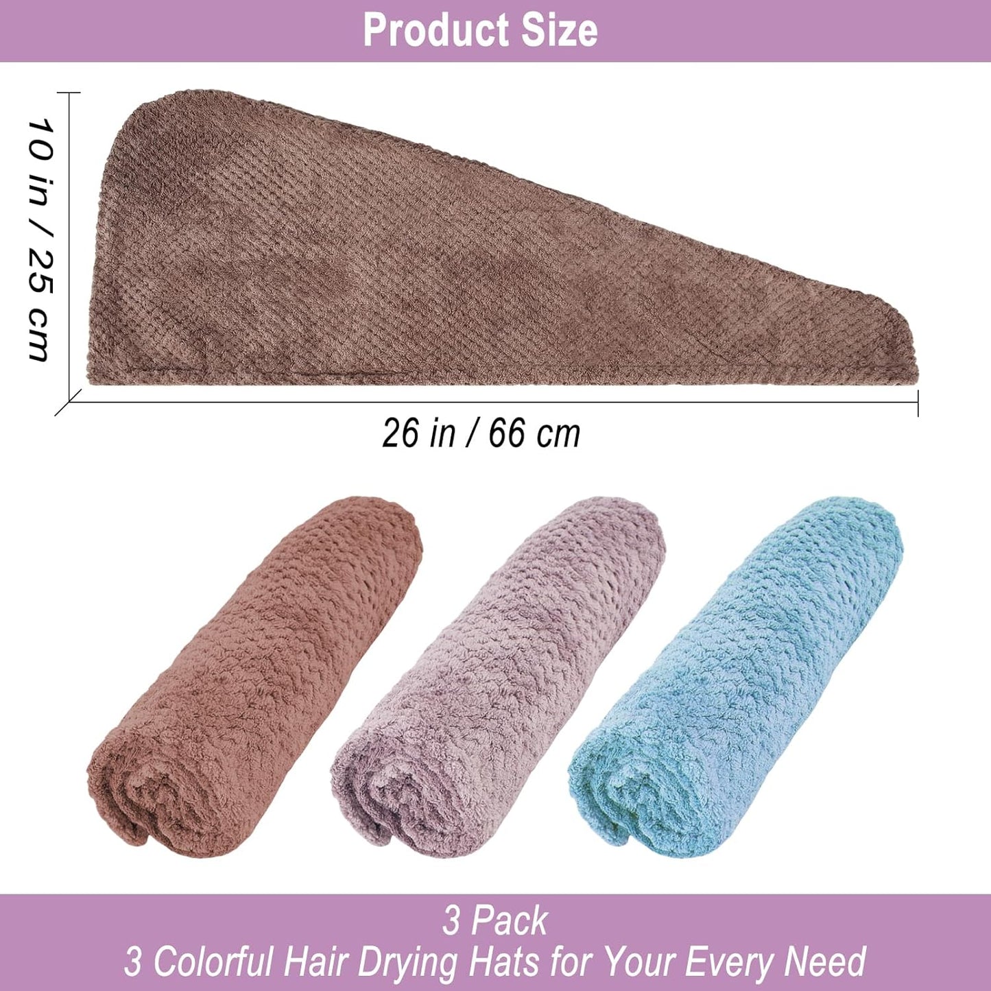 Hair Drying Towel 3 Pack - Ultra Soft Microfiber Turban Twist Hair Wrap for Women - Super Absorbent, Quick Dry Hair Towel Cap for Wet Hair (3 Colors,Purple, Bule, Brown)